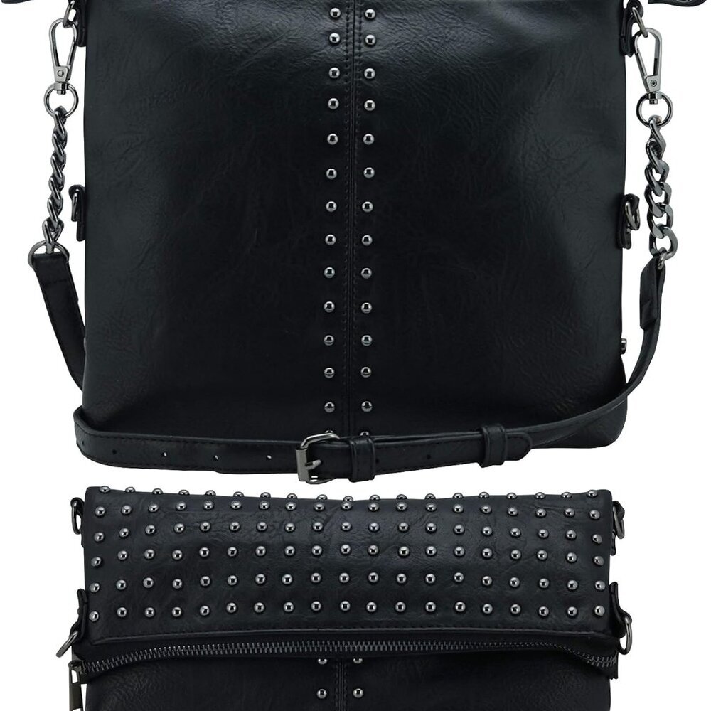 Stevie Women’s Studded Chain Crossbody Handbag Purse, Rocker Chic Boho Medium, C